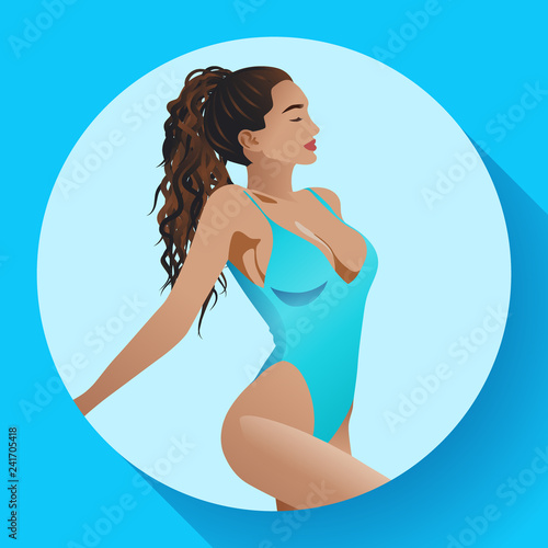Beautiful tanned girl with curly hair wearing blue swimsuit, icon with long shadow, attractive young woman, vector illustration