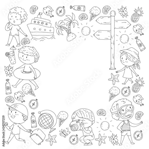 Happy children playing at seashore, beach, sea, ocean. Kids vacation and travelling. Coloring page, book.