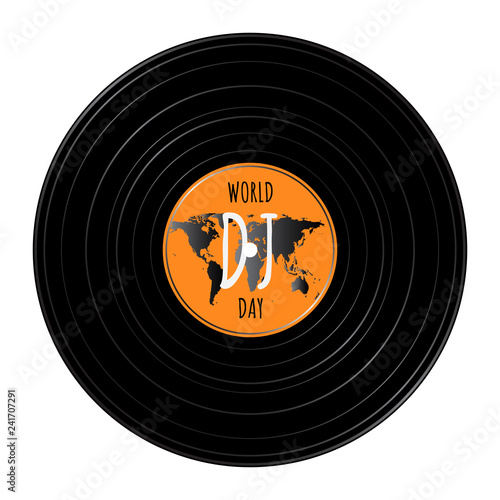 World DJ day - March 9. Venyl record with world map and text inside of it. White background. Vector illustration.