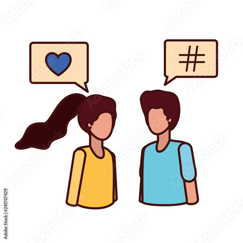young couple with speech bubble avatar character