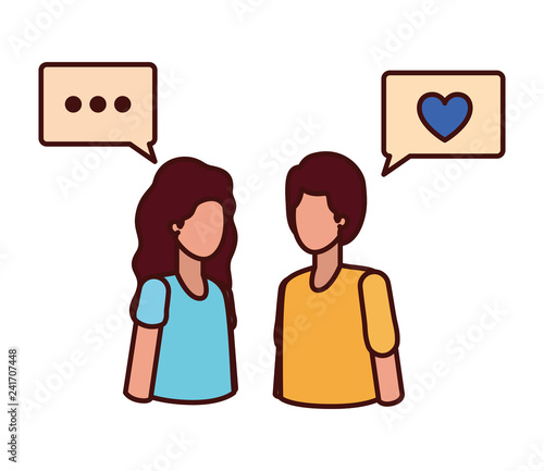 young couple with speech bubble avatar character