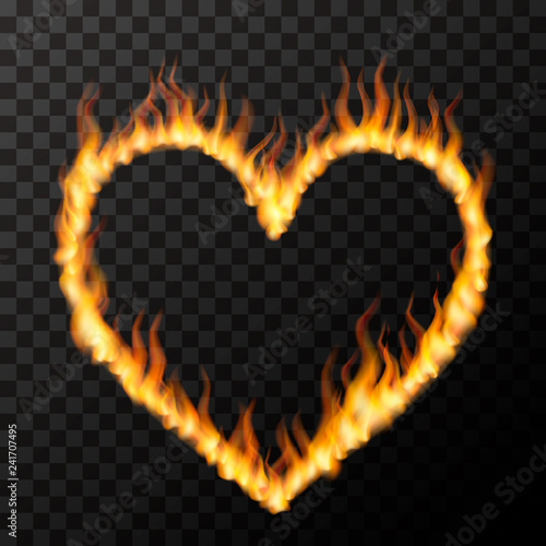 Bright realistic fire flames in heart shape, hot love concept on transparent