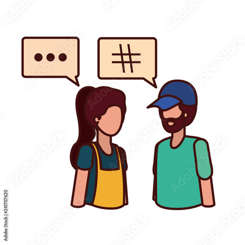 young couple with speech bubble avatar character