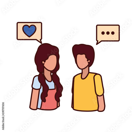 young couple with speech bubble avatar character