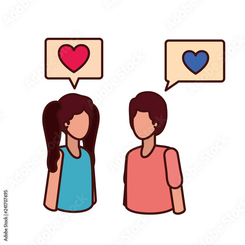 young couple with speech bubble avatar character