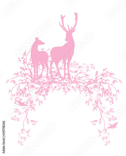 pair of wild deer standing among blooming cherry tree branches - spring season nature silhouette vector design