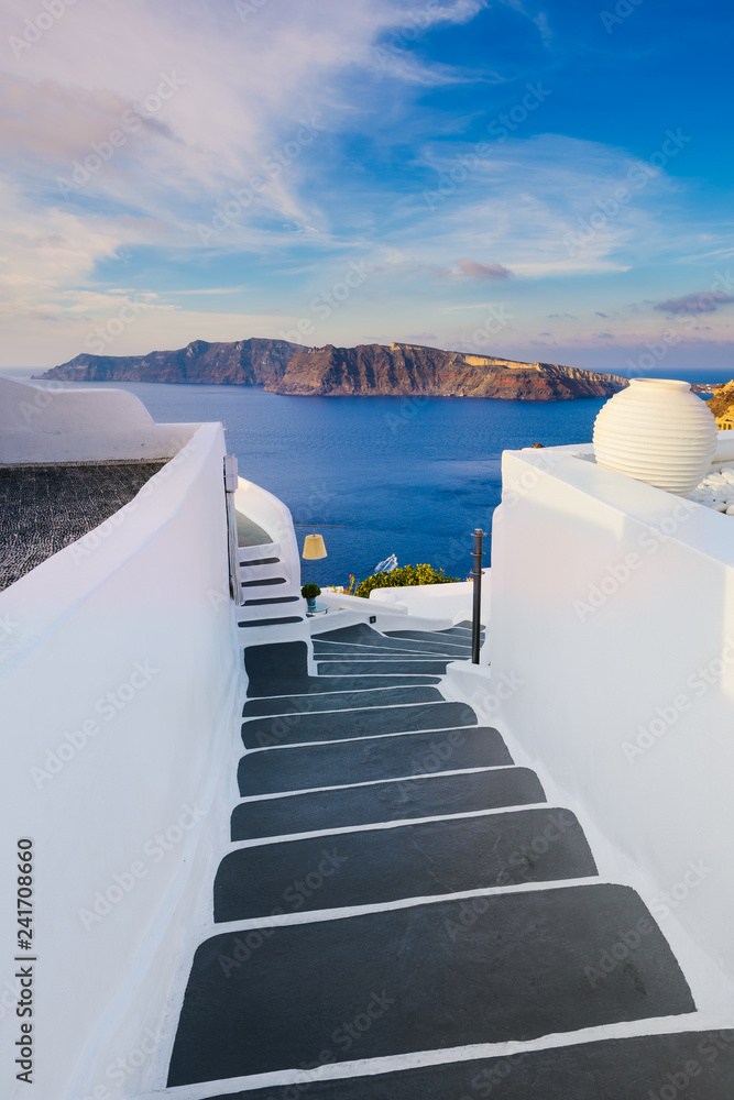 Fototapeta Staircase with view to the sea in Oia, Santorini, Greece