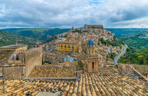 Panoramic view over the italian old city Ragusa with its typical roof tops, Sicily, Italy