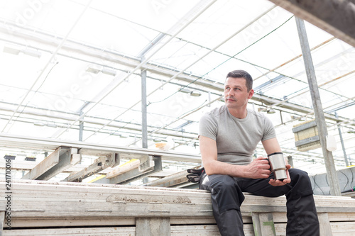 Confident mature male botanist sitting with coffee in greenhouse