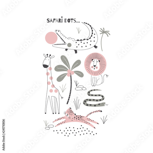 Decorative pink and green Savannah Wild Animals illustration with allegator, giraffe, lion, snake, leopard, Scandinavian style safari graphic, Kids summer t-shirt print