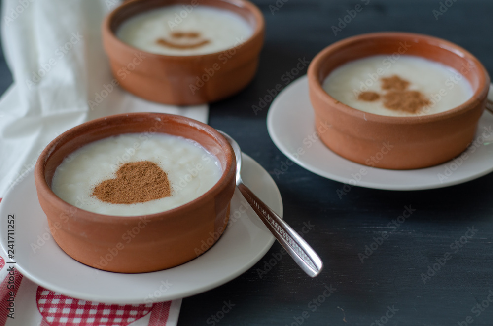 Delicious rice pudding with cinnamon in bowl, closeup Delicious rice pudding with cinnamon in bowl, closeup