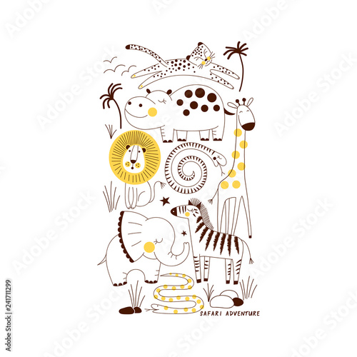 decorative yellow and blue savannah wildlife illustration with animals leopard, hippo, lion, snake, giraffe, zebra, elephant scandinavian style safari graphic, kids summer t-shirt print