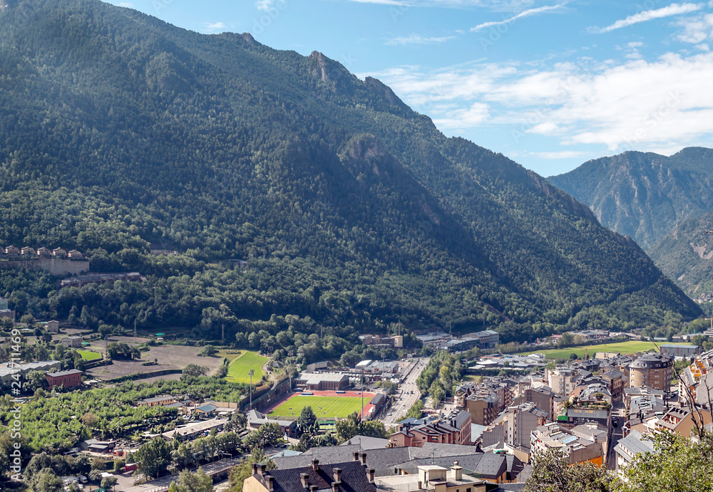 Aerial view of Andorra la Vella with the mountains of the Pyrenees in the background