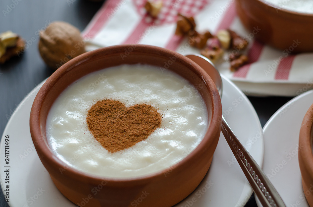 Delicious rice pudding with cinnamon in bowl, closeup Delicious rice pudding with cinnamon in bowl, closeup