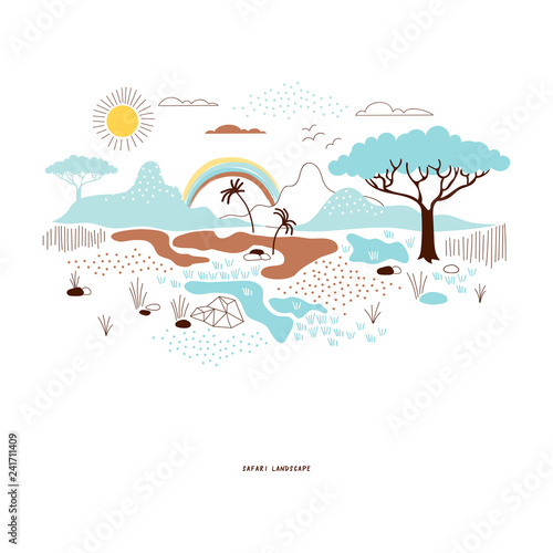 decorative yellow and blue savannah wildlife nature park illustration, scandinavian style safari graphic, kids summer t-shirt print