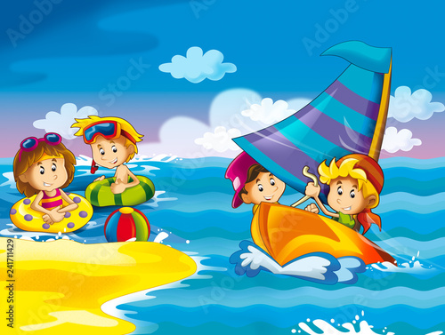 kids playing at the beach having fun by the sea or ocean - illustration for children