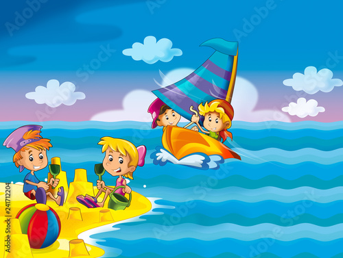 kids playing at the beach having fun by the sea or ocean - illustration for children