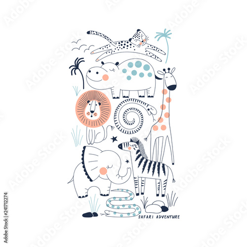 Photography decorative orange and navy blue savannah wildlife illustration with animals leop