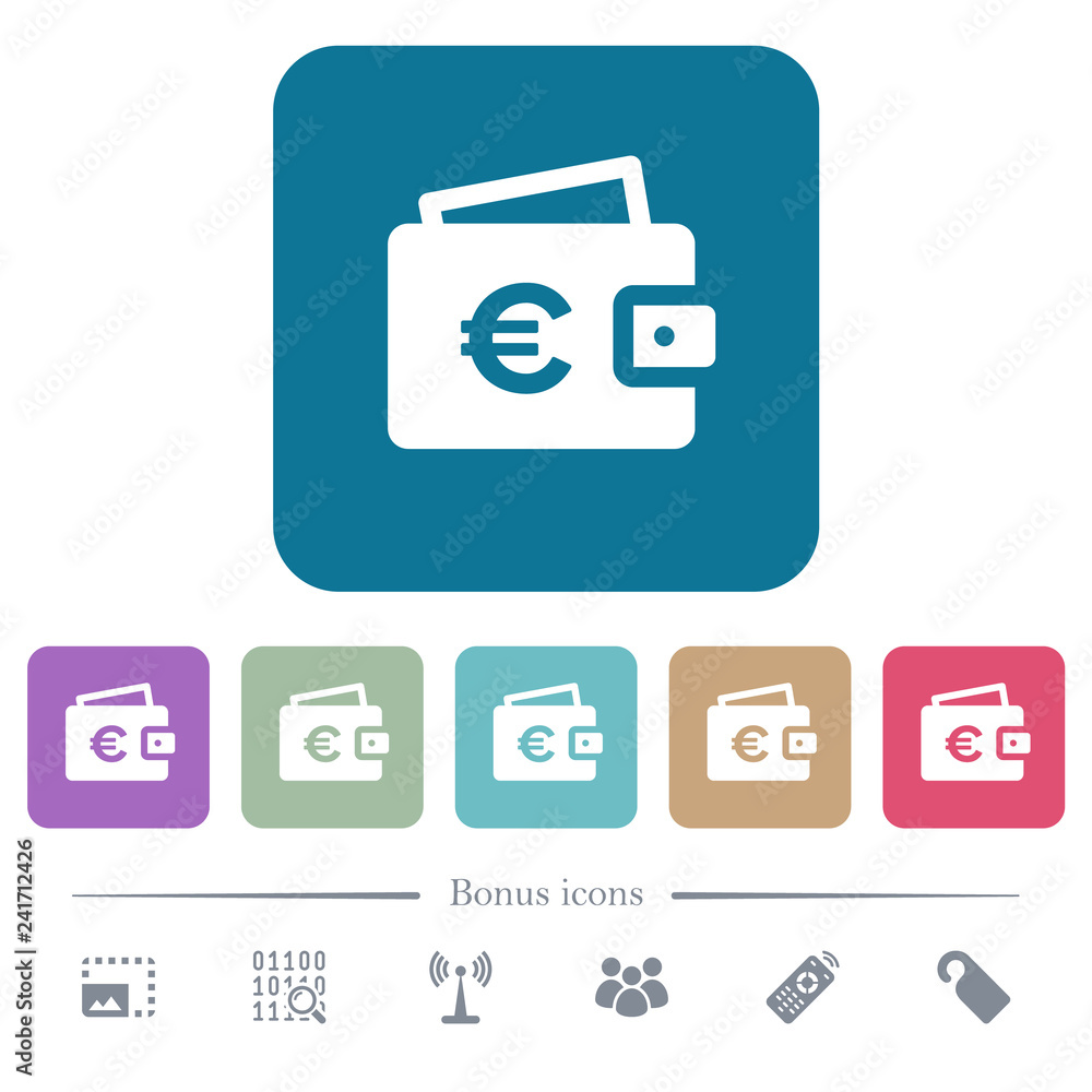 Euro wallet flat icons on color rounded square backgrounds Euro wallet flat icons on color rounded square backgrounds