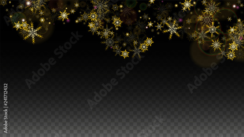 Christmas  Vector Background with Gold Falling Snowflakes Isolated on Transparent Background. Realistic Snow Sparkle Pattern. Snowfall Overlay Print. Winter Sky. Design for Party Invitation.