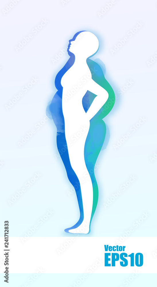 Watercolor of conceptual fat overweight obese female and slim fit healthy body after weight loss or diet. A fitness, nutrition or fatness obesity. Watercolor of conceptual fat overweight obese female and slim fit healthy body after weight loss or diet. A fitness, nutrition or fatness obesity.