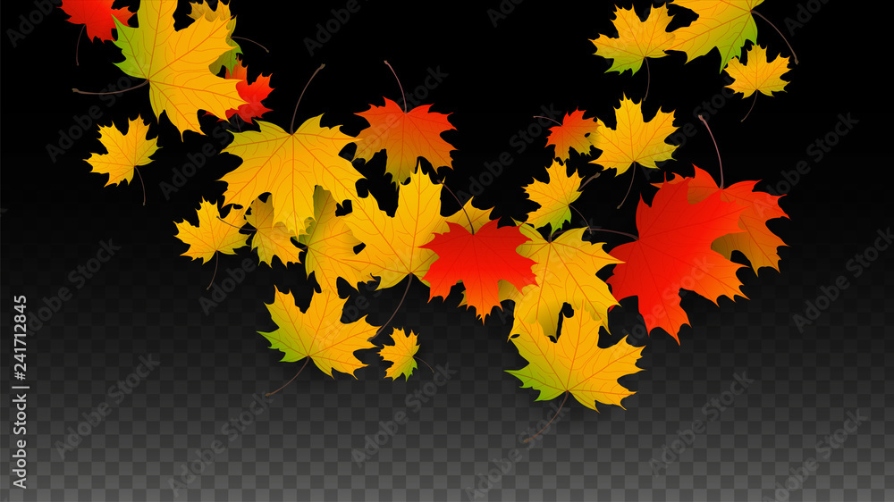 September Vector Background with Golden Falling Leaves. Autumn Illustration with Maple Red, Orange, Yellow Foliage. Isolated Leaf on Transparent Background. Bright Swirl. Suitable for Posters. September Vector Background with Golden Falling Leaves. Autumn Illustration with Maple Red, Orange, Yellow Foliage. Isolated Leaf on Transparent Background. Bright Swirl. Suitable for Posters.