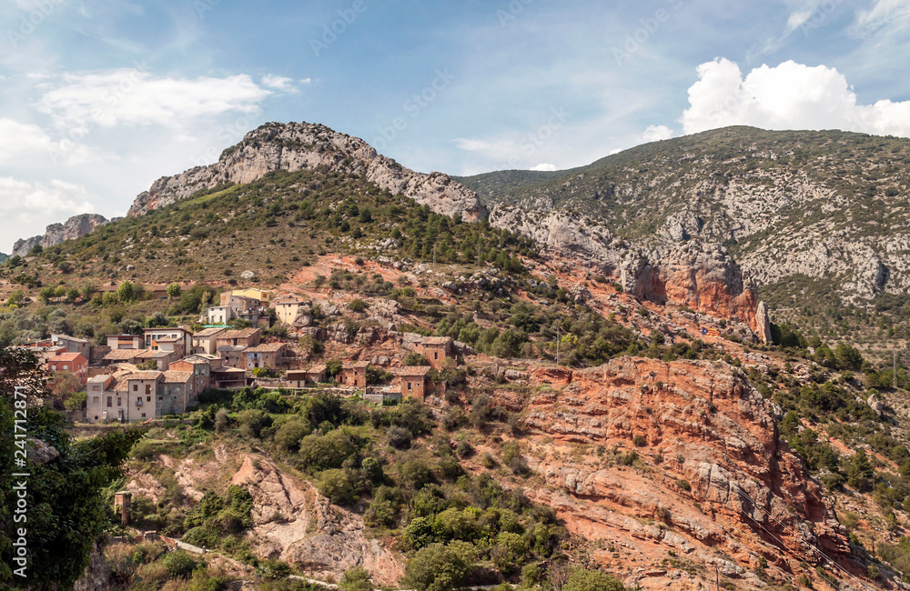 Mountains in Catalonia with the Pyrenees mountains in the background.