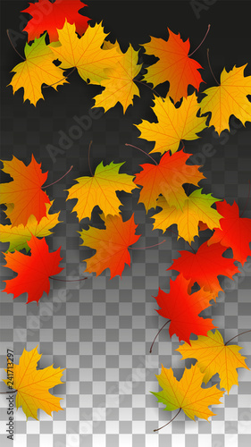 September Vector Background with Golden Falling Leaves. Autumn Illustration with Maple Red, Orange, Yellow Foliage. Isolated Leaf on Transparent Background. Bright Swirl. Suitable for Posters.