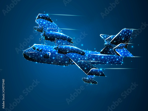 Aerial firefighting Canadair plane. Firemen on a water bomber aircraft fighting flames in forest. Neon low poly, Abstract polygonal connection with wireframe. Vector dark blue illustration