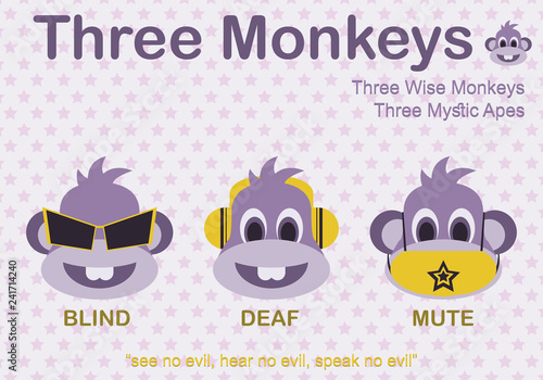 Cartoon Fashion Of Three Monkeys With Blind Deaf And Mute In Purple - Vector