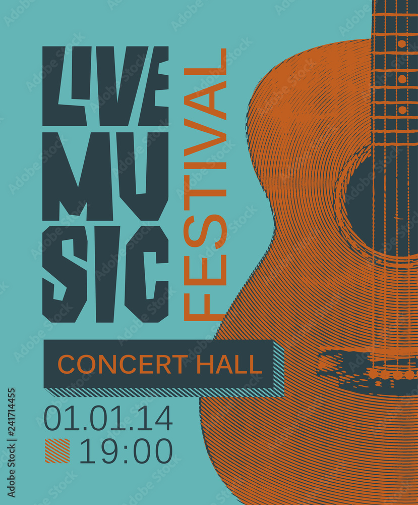 Fototapeta premium Vector banner or poster for live music festival with guitar in retro style