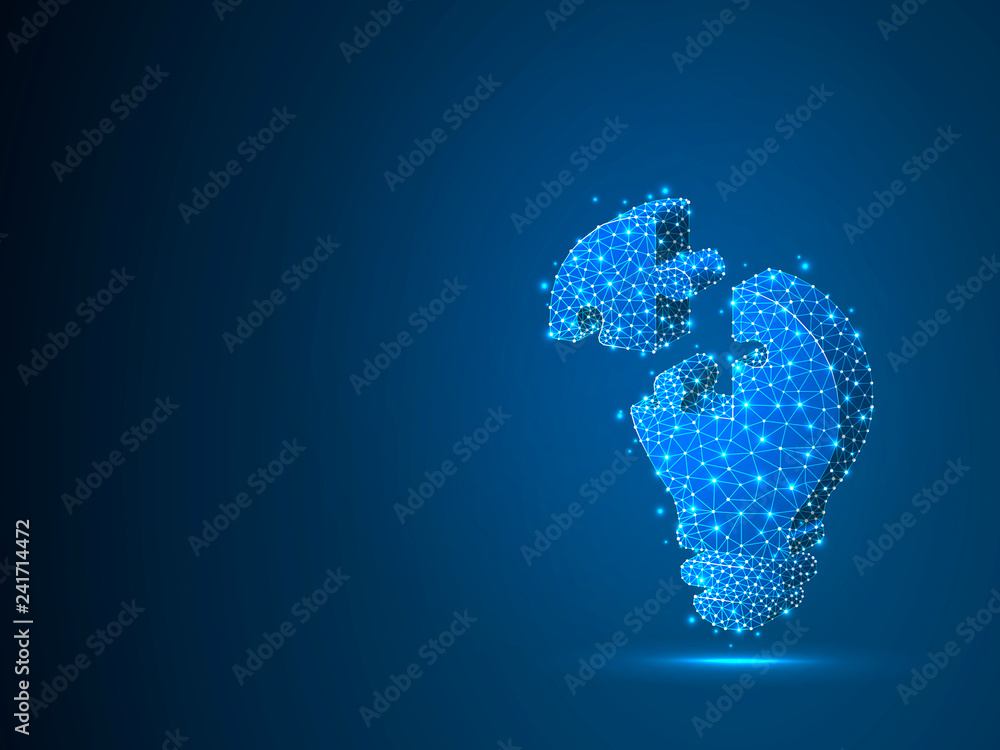 Lightbulb Jigsaw Puzzle. Idea, electricity, innovation concept. Neon low poly wireframe bulb lamp symbol. Abstract connection lines polygon. Raster illustration on dark blue background Lightbulb Jigsaw Puzzle. Idea, electricity, innovation concept. Neon low poly wireframe bulb lamp symbol. Abstract connection lines polygon. Raster illustration on dark blue background