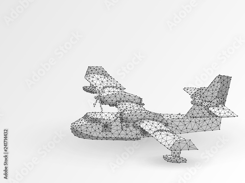 Aerial firefighting Canadair plane. Firemen on a water bomber aircraft fighting flames in forest. Origami style low poly, Abstract polygonal connection with wireframe. Rastre white illustration