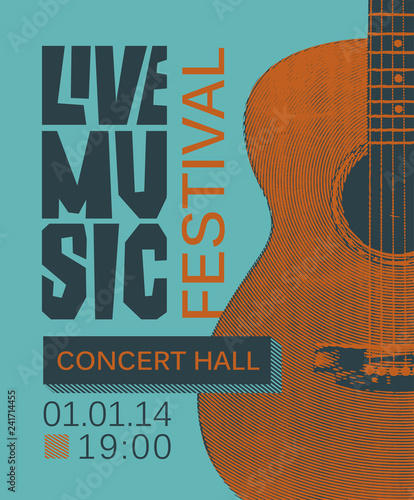 Vector banner or poster for live music festival with guitar in retro style