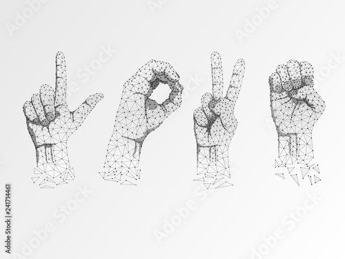 Love Sign language Ok, peace, victory agreement gesture. 3d low poly model of human hand. Origami style Polygonal space low poly. Silent communication. Connection wireframe. Raster on white background