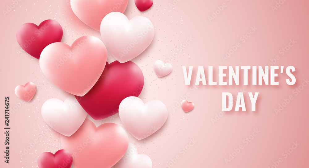Valentines Day background with red and pink hearts, confetti. Holiday card illustration on light background