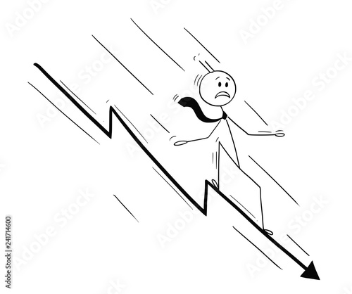 Cartoon stick drawing conceptual illustration of businessman riding on chart arrow falling od declining down. Business metaphor of crisis or failure.