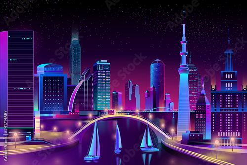 Vector yacht regatta under a bridge of modern megapolis. Race  competition on water at night. Bright boats  purple glowing buildings on the background. Urban skyscrapers in neon colors  town exterior.