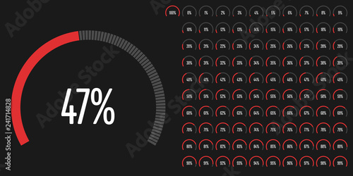 Set of circular sector percentage diagrams (meters) from 0 to 100 ready-to-use for web design, user interface (UI) or infographic - indicator with red