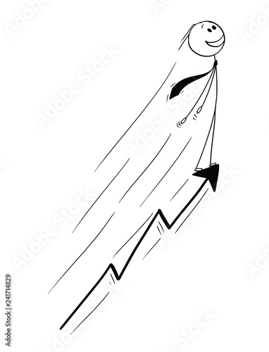 Cartoon stick drawing conceptual illustration of businessman riding on growing or rising graph arrow. Business concept of success.