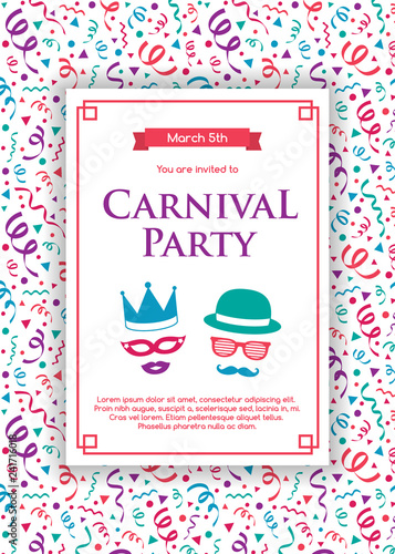 Carnaval Party invitation card with funny decorations. Vector