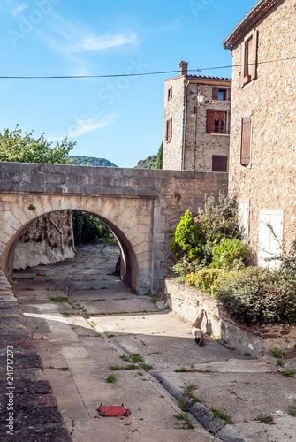 Roman bridge in Lagrasse in the south of France on a sunny day