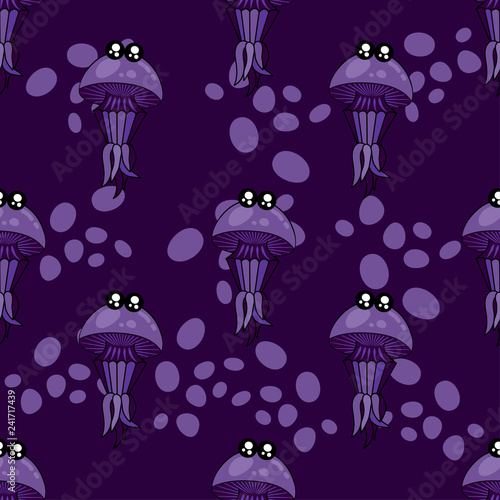 Cute kids jellyfish pattern for girls and boys. Colorful jellyfish on the abstract pattern create a fun cartoon drawing. The jellyfish pattern is made in pastel colors. Urban backdrop for textile.