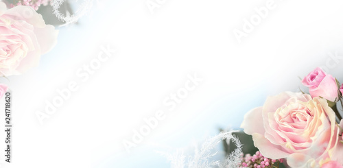 Flowers bouquet close up. Decoration made of roses  and decorative plants. Place for text.