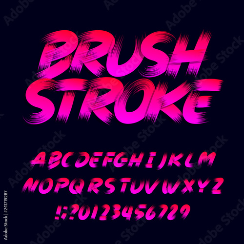 Brush stroke alphabet font. Uppercase messy letters numbers and symbols. Stock vector typography.