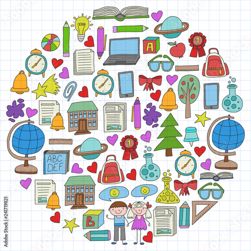 Vector set of secondary school icons in doodle style. Painted, colorful, on a sheet of checkered paper on a white background.