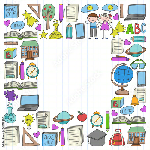 Vector set of secondary school icons in doodle style. Painted  colorful  on a sheet of checkered paper on a white background.