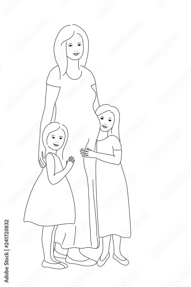 Children hug mom. Pregnant mother with her children. Mother of many children. Pregnancy. Line drawing.