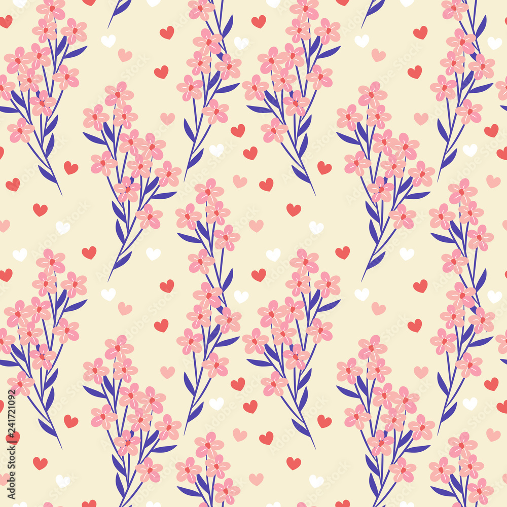 Sweet pink flowers and tiny heart background.