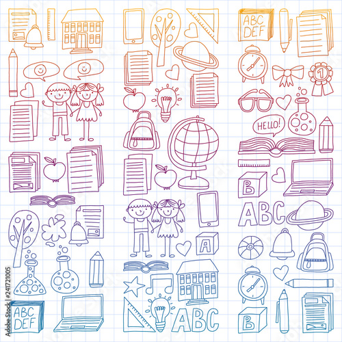 Vector set of secondary school icons in doodle style. Painted, colorful, gradient, on a sheet of checkered paper on a white background.